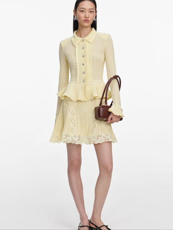 Self-Portrait Dresses & Skirts - Self Portrait Yellow Pointelle Peplum Knit Mini Dress